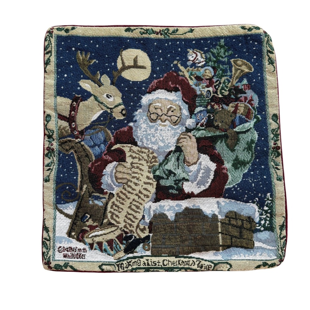Vintage Christmas Tapestry Santa Claus Reindeer Pillow Cover‎ 14.5x15 Red Zipper